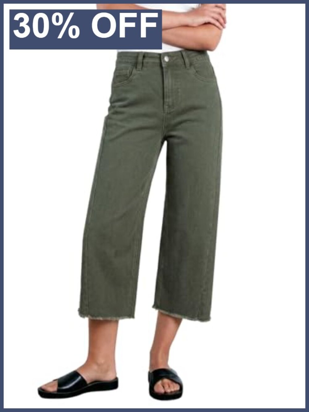 High Waisted Wide Leg Capri Jeans Raw Hem Stretch Denim
